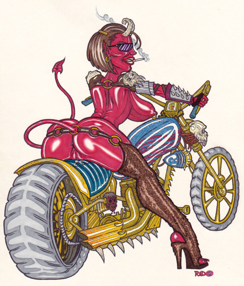 anus big_breasts big_butt breasts butt ear_piercing eyewear female genitals horn motorcycle nipple_piercing nipples not_furry nude piercing pussy smile smoking solo sunglasses tail vehicle theseus9 demon humanoid