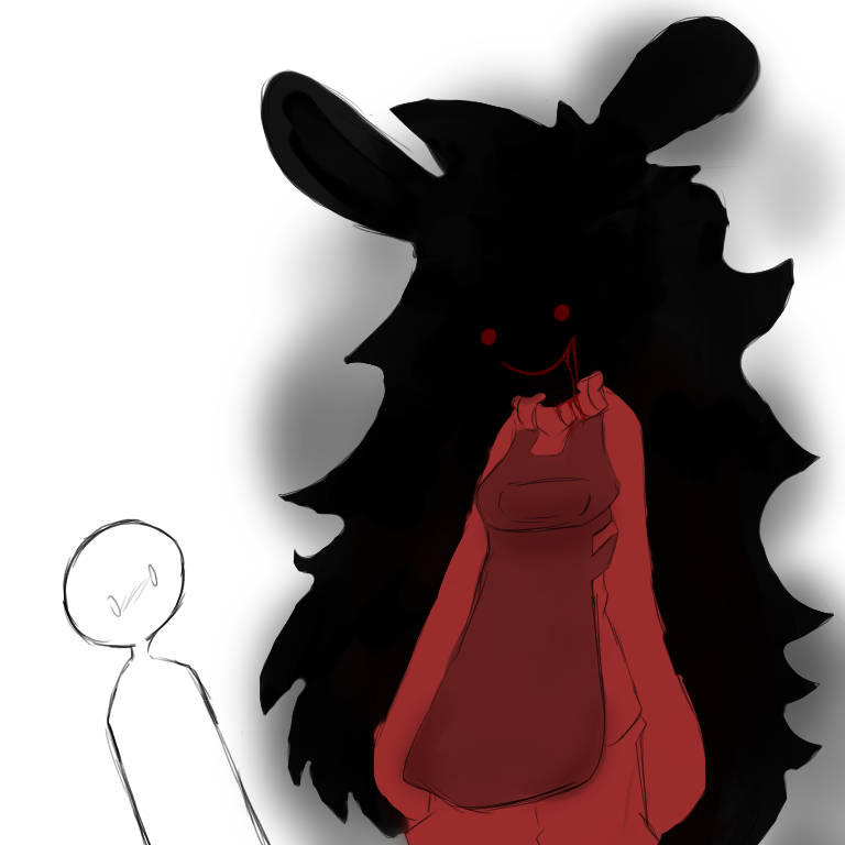 anthro apron clothing duo female hair long_hair red_apron red_clothing red_face smile smiling_at_another spookicookiebox anon lagomorph leporid mammal rabbit shadow_creature 1:1