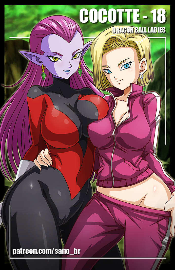 big_breasts black_bodysuit black_clothing black_skinsuit bodysuit bottomwear bottomwear_down breast_squish breasts camel_toe cleavage clothed clothing duo ear_piercing eyelashes female gloves green_eyes hair handwear hug humanoid_pointy_ears long_hair pants pants_down partially_clothed piercing pink_bottomwear pink_clothing pink_topwear pink_tracksuit pointy_ears purple_body purple_hair purple_skin red_bodysuit red_clothing red_skinsuit skinsuit squish tan_body tan_skin text thick_thighs tight_clothing topwear tracksuit white_clothing white_gloves white_handwear wide_hips zipper sano_br dragon_ball dragon_ball_z android_18 cocotte alien alien_humanoid human humanoid mammal url