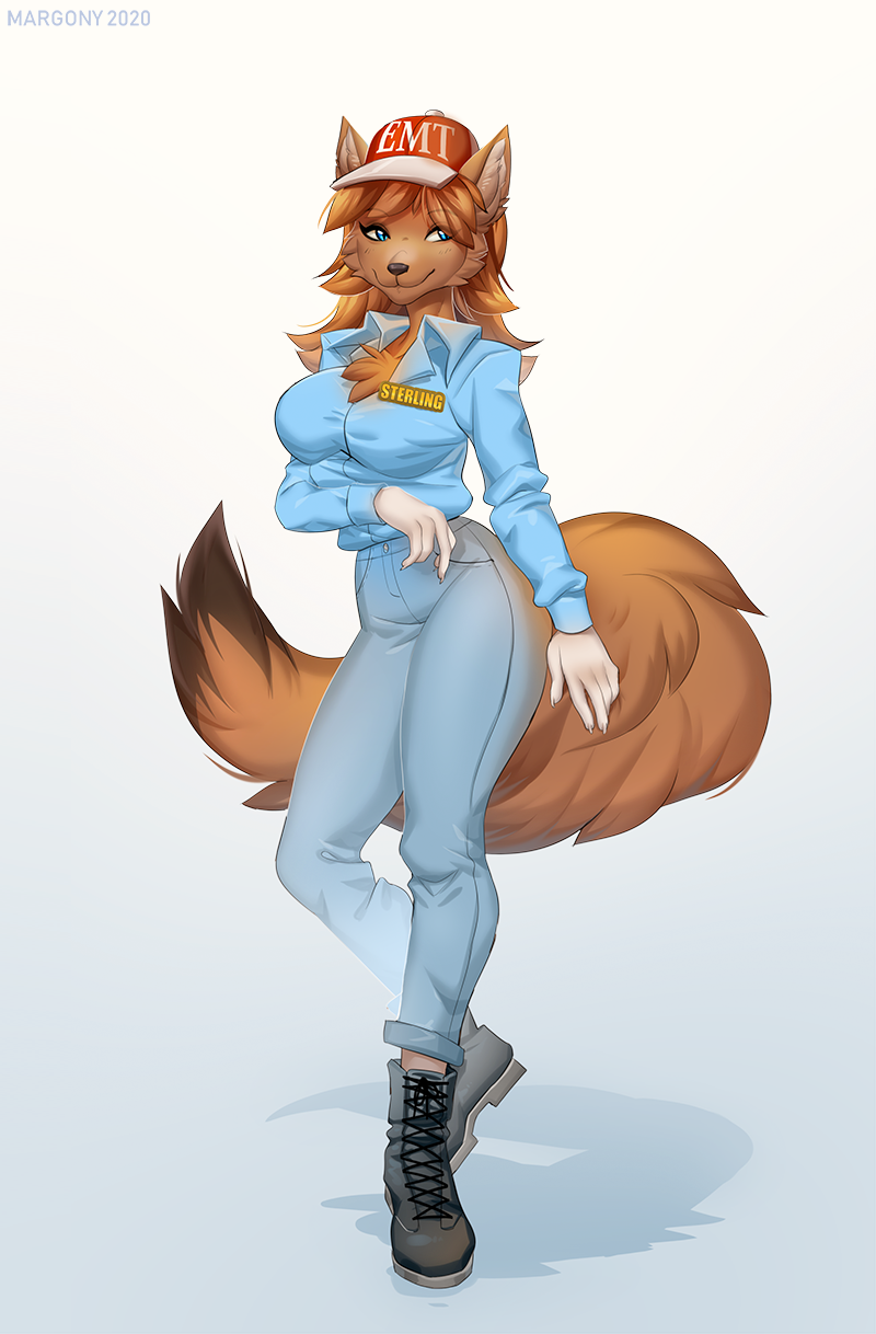 5_fingers anthro big_breasts breasts brown_body brown_fur brown_hair clothed clothing female fingers fur hair smile solo standing margony canid canine fox mammal digital_media_(artwork) hi_res shaded