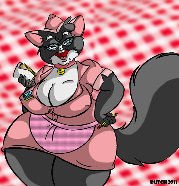 anthro apron bell bell_collar big_breasts black_body black_fur breasts clothed clothing collar eyewear female fur glasses headgear headwear multicolored_body multicolored_fur name_tag notebook pencil_(object) solo thick_thighs two_tone_body two_tone_fur waitress_uniform white_body white_fur dutch_(artist) misty_the_mouse whitney_(dutch) domestic_cat felid feline felis mammal 2011 digital_media_(artwork)