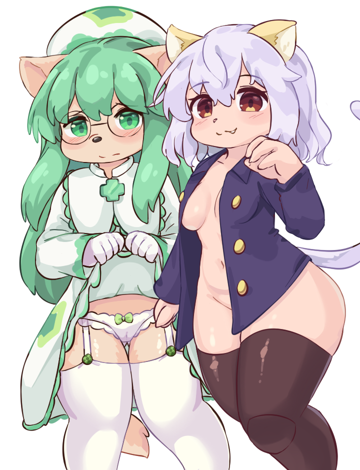 :3 alternate_species anthro begging begging_pose blush bottomless bow_panties bow_underwear breasts brown_eyes camel_toe chibi clothed clothing clothing_lift convenient_censorship dress dress_lift duo embarrassed eyewear female furrification garter_straps glasses gloves green_eyes green_hair hair handwear hat headgear headwear kemono legwear lingerie open_clothing open_shirt open_topwear panties pose presenting presenting_panties shirt simple_background stockings thick_thighs topwear underwear white_background white_clothing white_hair white_panties white_underwear eigetsu hunter_x_hunter cheadle_yorkshire neferpitou canid canine canis chimera_ant domestic_cat domestic_dog felid feline felis mammal