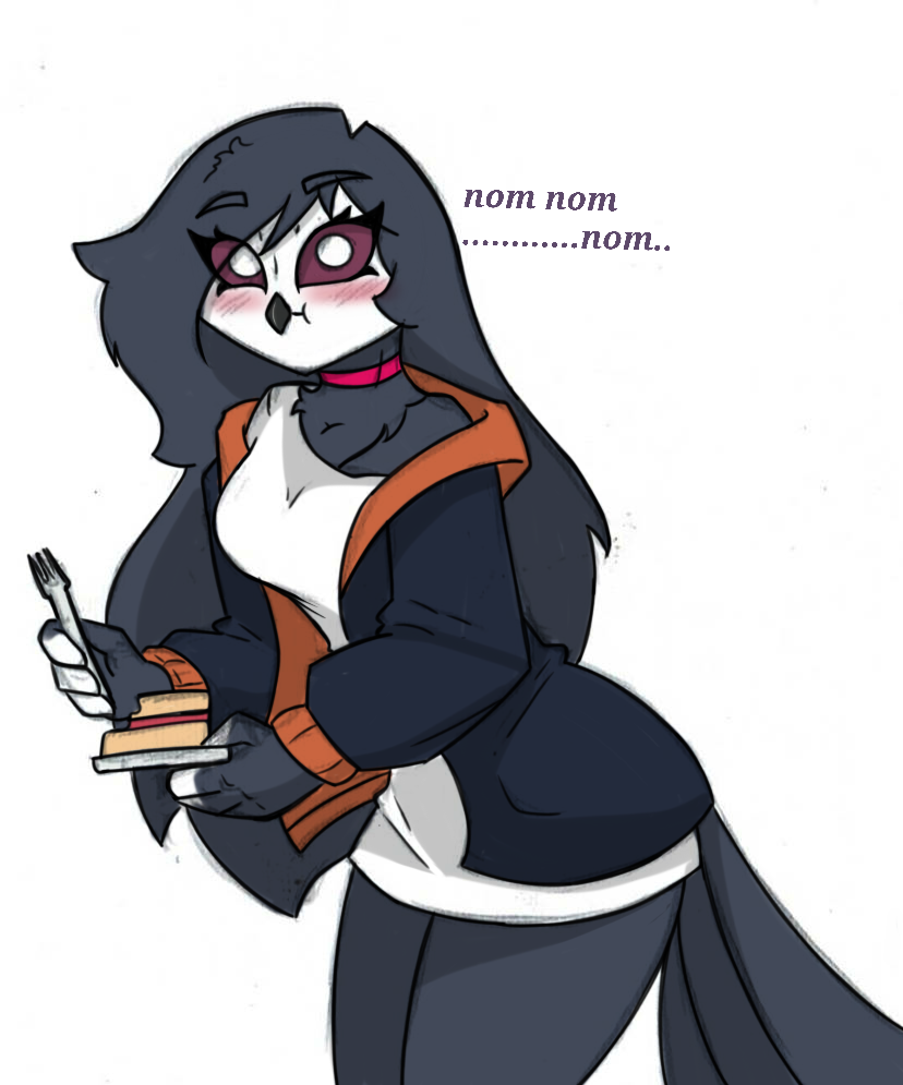 anthro blush cake clothed clothing dessert eating eating_cake female food fully_clothed holding_fork holding_object looking_at_viewer simple_background small_waist solo text thick_thighs white_background wide_hips pace-maker helluva_boss octavia_(helluva_boss) avian bird owl owl_demon english_text