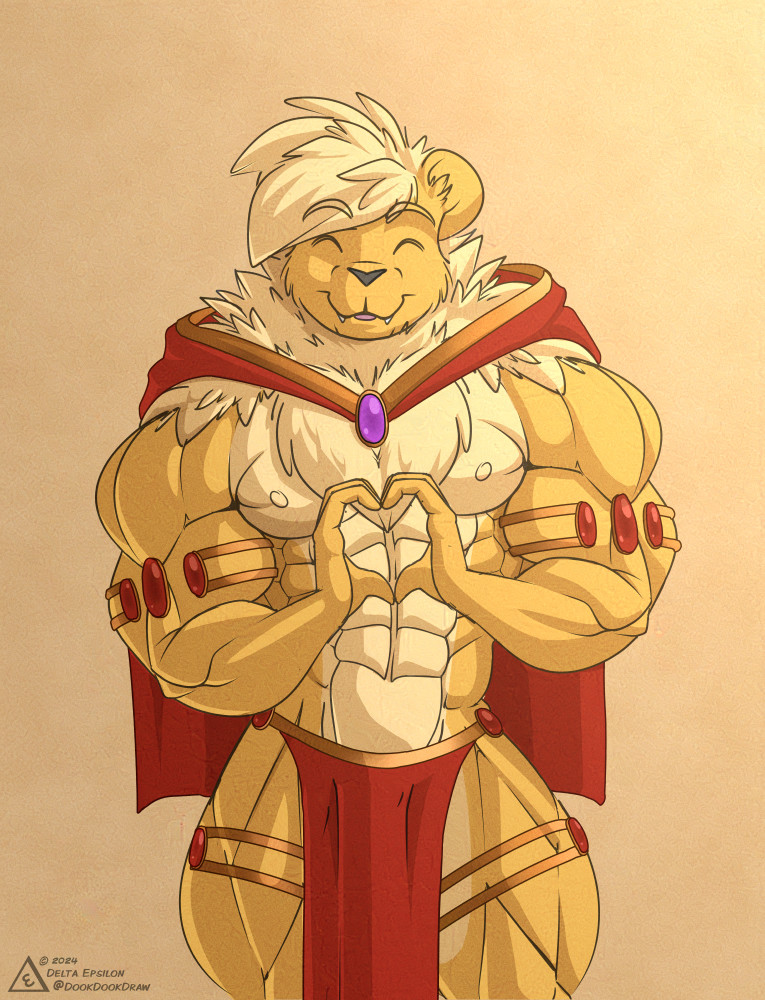 abs anthro armband biceps big_muscles bottomwear cape clothed clothing countershading eyes_closed fang_out fangs front_view fur gem gesturing_at_viewer gold_armlet gold_legband gold_ring gold_thighlet hair heart_gesture huge_muscles jewelry legband loincloth male mane mane_hair multicolored_body multicolored_fur muscular muscular_anthro muscular_male nipples pecs pose quads red_bottomwear red_clothing red_loincloth skimpy smile smiling_at_viewer solo teeth topless topless_anthro topless_male triceps two_tone_body two_tone_fur deltaepsilon amadu_(deltaepsilon) felid lion mammal pantherine 2024 digital_drawing_(artwork) digital_media_(artwork) portrait three-quarter_portrait