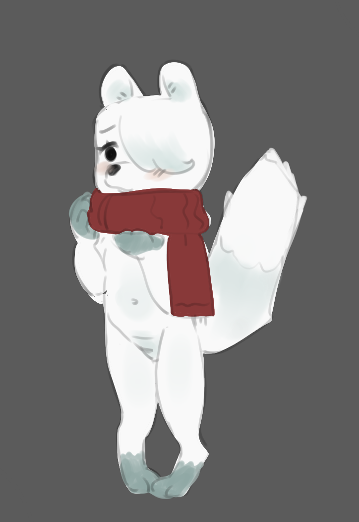 anthro bangs beady_eyes blush clothing digitigrade eyelashes female fur grey_markings hair hair_over_eye holding_clothing holding_object markings minecraft_skin one_eye_obstructed paws red_scarf scarf simple_background solo square_(anatomy) white_body white_fur young young_anthro nijocest microsoft minecraft mojang xbox_game_studios daniela_(akubon) arctic_fox canid canine fox mammal true_fox sketch