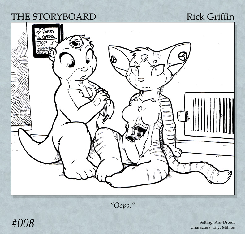 anthro breasts dialogue duo ear_piercing ear_ring female flesh_tunnel fur gauged_ear machine piercing ring_piercing text thermostat rick_griffin ani-droids lily_(ani-droids) millions_(ani-droids) android domestic_cat felid feline felis mammal mustelid otter robot robot_anthro english_text sketch