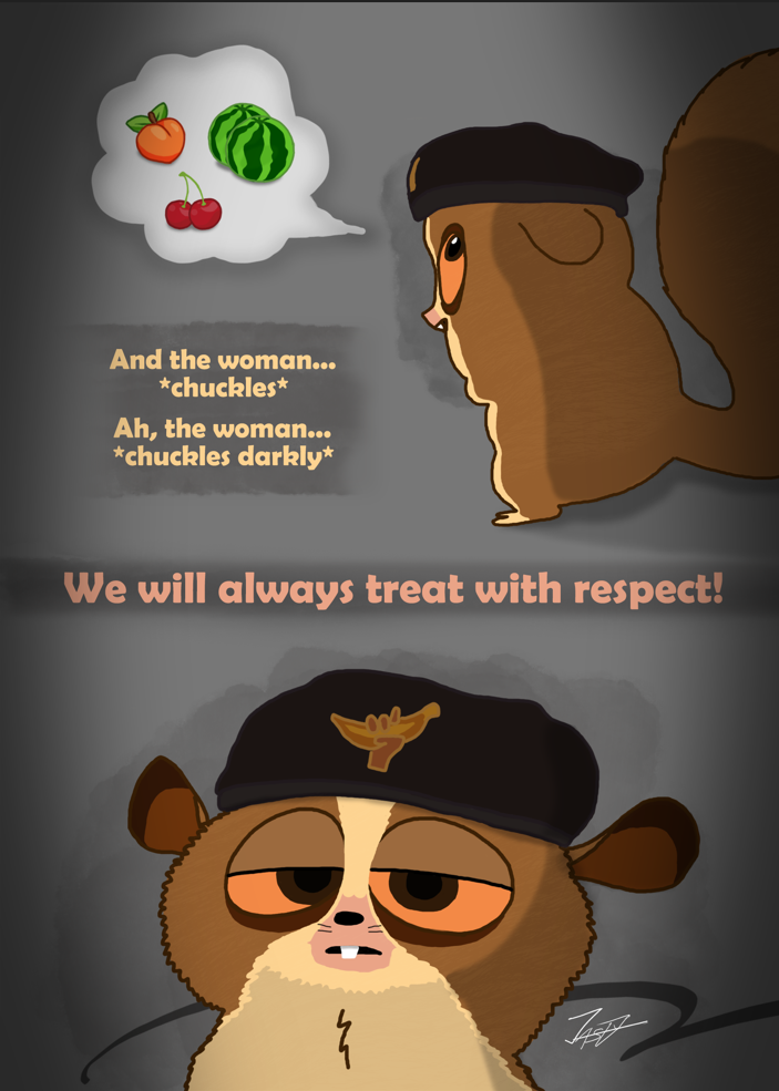 anthro beret brown_body brown_eyes brown_fur clothing dialogue food fruit fur hat headgear headwear male parody plant respectful serious smug solo speech_bubble text two_panel_image jasty dreamworks madagascar_(series) mort_(madagascar) goodman's_mouse_lemur lemur mammal mouse_lemur primate strepsirrhine english_text meme