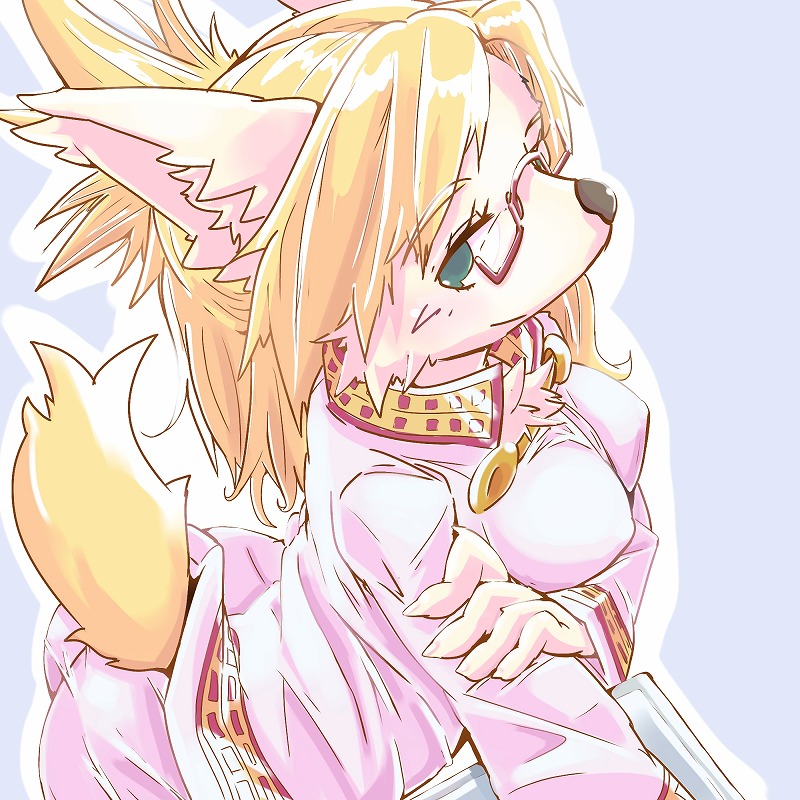 anthro blonde_hair blush bottomwear breasts butt clothed clothing crossed_arms eyelashes eyewear female fur glasses green_eyes hair kemono looking_at_viewer nipple_outline pants pink_body pink_fur raised_tail shirt simple_background smile solo tail tight_clothing topwear summer_(artist) cyberconnect2 little_tail_bronx solatorobo merveille_million canid canine caninu canis domestic_dog mammal 1:1 2018