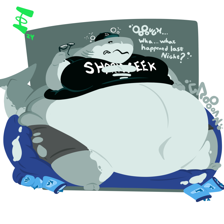 anthro bean_bag belly big_belly candy clothed clothing dessert dialogue eyewear food gills glasses groggy gummy_(food) gummy_shark hand_on_belly hat headgear headwear holding_eyewear holding_glasses holding_object implied_transformation love_handles male moobs morbidly_obese morbidly_obese_anthro morbidly_obese_male navel obese obese_anthro obese_male overweight overweight_anthro overweight_male rumbling_stomach sitting solo squean tail text thick_tail thick_thighs torn_clothing weight_gain wide_hips the-netwayman_(artist) discovery_channel shark_week fish great_white_shark mackerel_shark marine shark white_shark 1:1 english_text