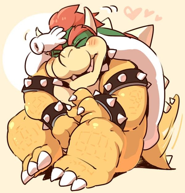 anthro armband biped blush bracelet hair hand_on_head headpat heart_symbol jewelry male offscreen_character red_hair simple_background sitting slightly_chubby solo spiked_armband spiked_bracelet spikes tail tail_motion tailwag 1boshi mario_bros nintendo bowser koopa scalie