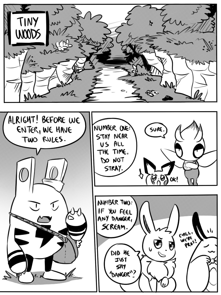 4_panel_comic ambiguous_gender antennae_(anatomy) anthro bag bar_emanata biped black_eyes black_nose bodily_fluids cheek_spots claws crossed_arms day dialogue emanata eyebrows eyes_closed feral finger_claws floating flower fur grass group neck_tuft open_mouth open_smile outside paws plant pupils quadruped smile sparkles standing sweat sweatdrop text text_box tongue tree tuft white_sclera wings flavia-elric nintendo pokemon pokemon_mystery_dungeon spike_chunsoft celebi_(yapc) lux_(yapc) neil_(yapc) paris_(yapc) terry_(yapc) celebi eevee elekid generation_1_pokemon generation_2_pokemon legendary_pokemon pichu pokemon_(species) sentret 2019 3:4 comic digital_media_(artwork) english_text greyscale monochrome