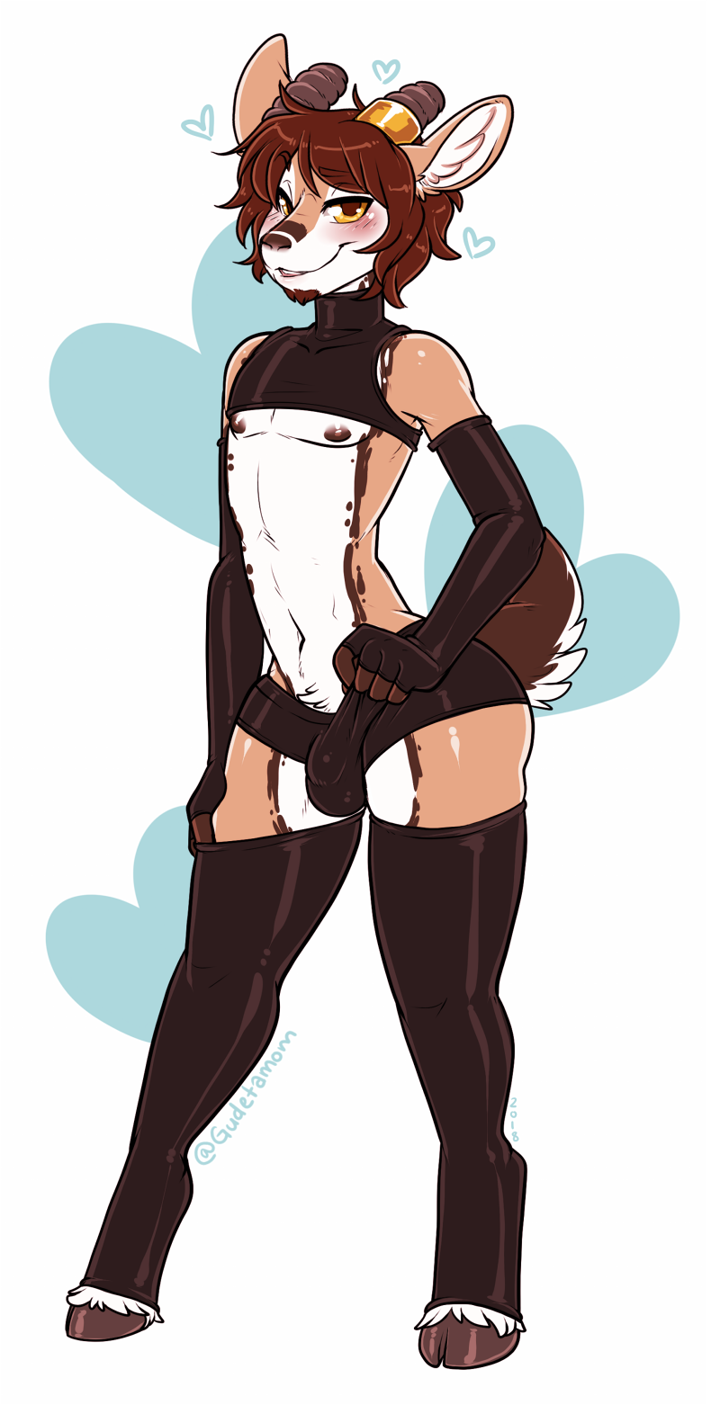 anthro bulge clothed clothing crossdressing facial_hair femboy goatee horn latex legwear looking_at_viewer male nipples smile solo thigh_highs wide_hips ryunwoofie movits deer mammal hi_res