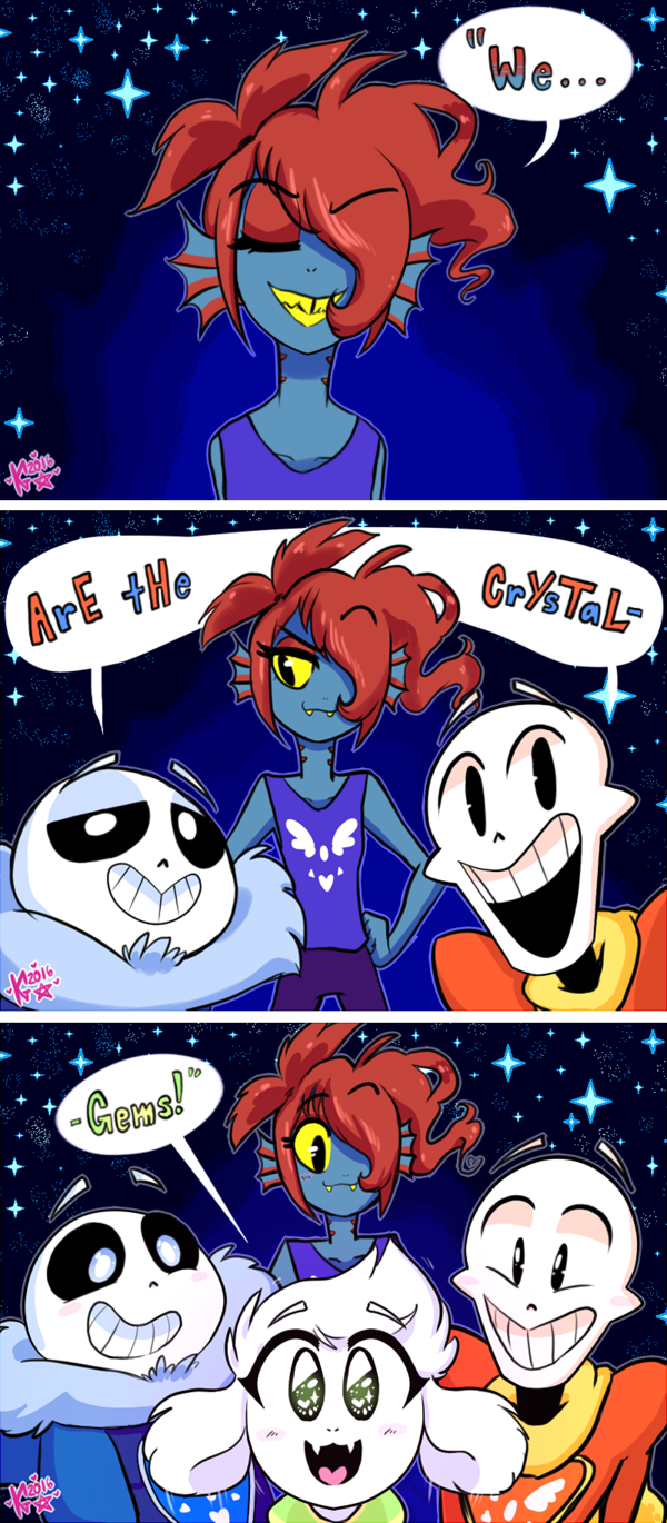 anthro blue_body blue_skin bone clothing dialogue female fur group hair male parody red_hair skeleton teeth text white_body white_fur yellow_teeth young katelynntheg cartoon_network steven_universe undertale undertale_(series) asriel_dreemurr papyrus_(undertale) sans_(undertale) undyne animated_skeleton boss_monster_(undertale) bovid caprine goat humanoid mammal undead undine 2016 comic crossover english_text hi_res