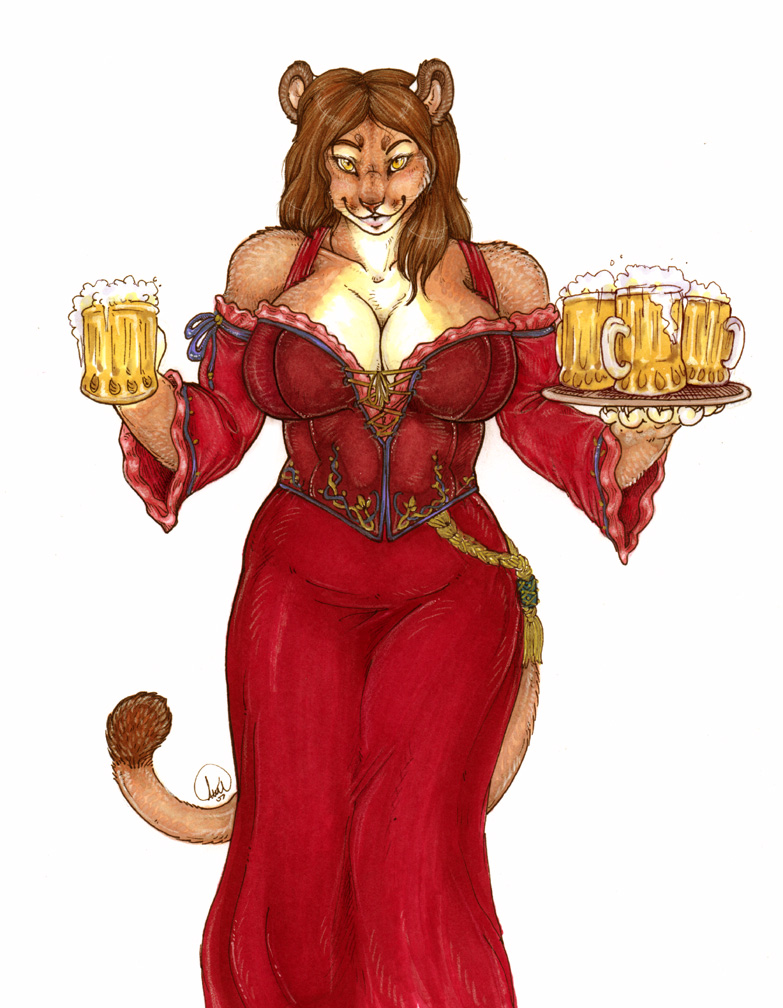 alcohol anthro barmaid beer beer_mug beverage big_breasts breasts cleavage clothed clothing female looking_at_viewer renaissance smile smiling_at_viewer solo thick_thighs wide_hips gravewalker felid lion mammal pantherine