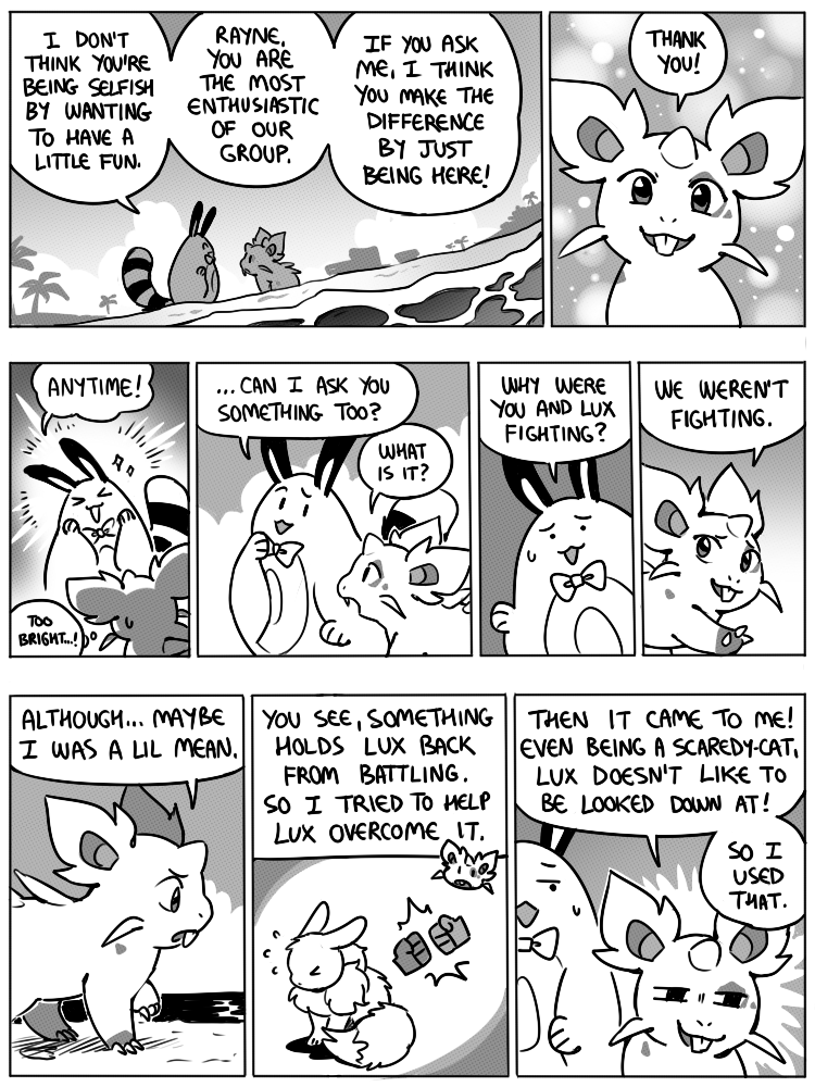 9_panel_comic ambiguous_gender anthro beach biped black_nose black_text bodily_fluids bow_ribbon cloud conjoined_speech_bubble day dialogue dot_eyes ellipsis emphatic_ellipsis exclamation_point eyebrows eyes_closed feral fluffy fluffy_tail fur group horn inner_monologue looking_at_another name_drop name_in_dialogue neck_tuft open_mouth open_smile outside palm_tree paws plant quadruped question_mark sand sea simple_eyes sky smile sparkles speech_bubble sweat sweatdrop tail talking_to_another teeth text thinking tree trio tuft water flavia-elric nintendo pokemon pokemon_mystery_dungeon spike_chunsoft lux_(yapc) rayne_(yapc) terry_(yapc) eevee generation_1_pokemon generation_2_pokemon nidoran nidoran♀ pokemon_(species) sentret 2022 3:4 comic digital_media_(artwork) english_text greyscale monochrome