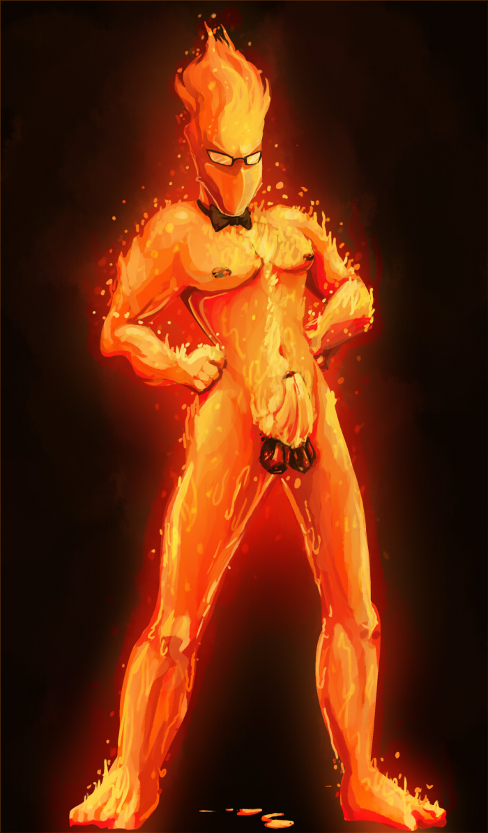 balls barefoot erection eyewear feet fire genitals glasses male navel nipples not_furry nude pecs penis solo standing evanight undertale undertale_(series) grillby elemental_creature elemental_humanoid fire_creature fire_humanoid humanoid