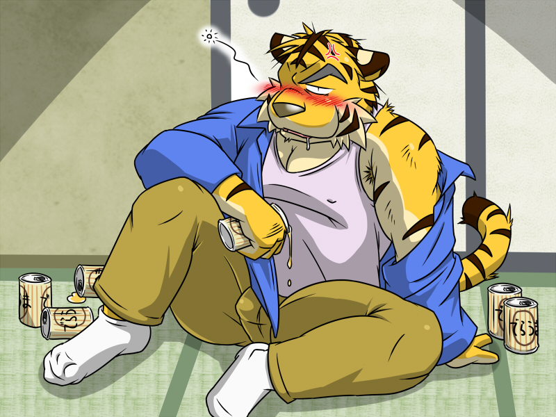 anthro belly bottomwear clothed clothing drunk humanoid_hands kemono male open_clothing open_shirt open_topwear overweight overweight_anthro overweight_male pants shirt sitting solo substance_intoxication topwear oogamikennta felid mammal pantherine tiger 2011 4:3