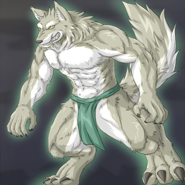 abs anthro biceps big_muscles bottomwear claws clothed clothing fangs fur glowing loincloth male muscular muscular_anthro muscular_male pecs pose rape_face solo tail teeth topless white_body white_fur yellow_eyes wildheit canid canine canis mammal wolf 1:1