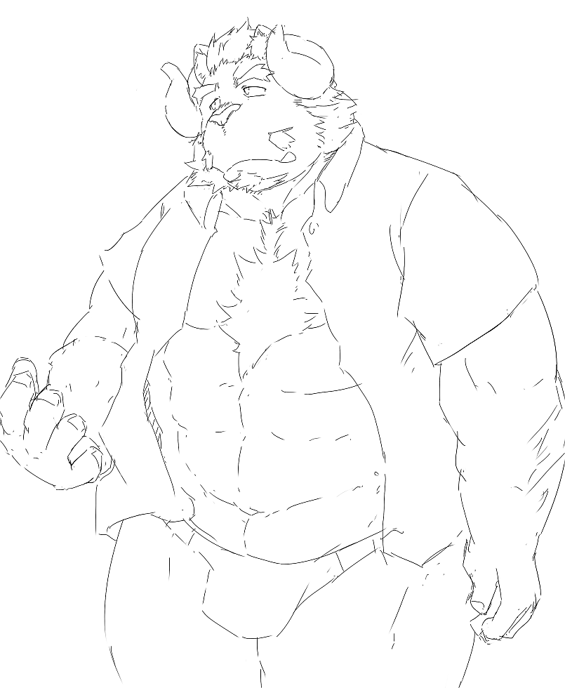 anthro clothed clothing horn humanoid_hands kemono male musclegut muscular open_clothing open_shirt open_topwear shirt simple_background solo topwear underwear white_background train_(artist) lifewonders tokyo_afterschool_summoners chernobog_(tas) 2018 monochrome