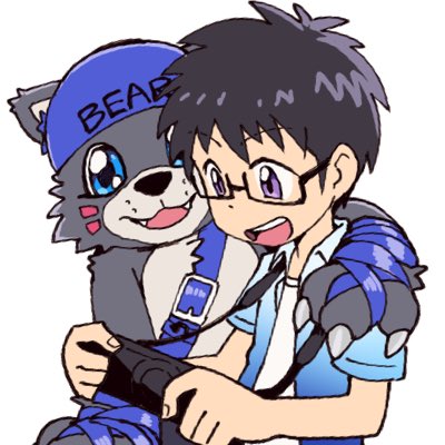 anthro backwards_baseball_cap backwards_hat baseball_cap black_body black_fur black_hair blue_eyes clothing duo eyewear fur glasses hair hat headgear headwear leather leather_strap male straps hosivern bandai_namco digimon bearmon digimon_(species) human mammal 1:1 low_res