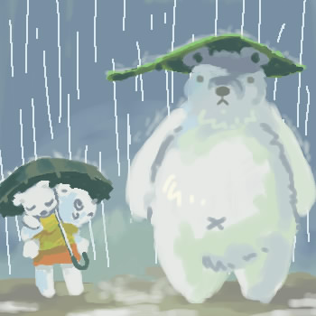 anthro clothed clothing daww dot_eyes eyes_closed fur group kemono navel outside raining umbrella white_body white_fur utsuki_maito ghibli my_neighbor_totoro totoro_bus_stop bear mammal polar_bear ursine 1:1 low_res