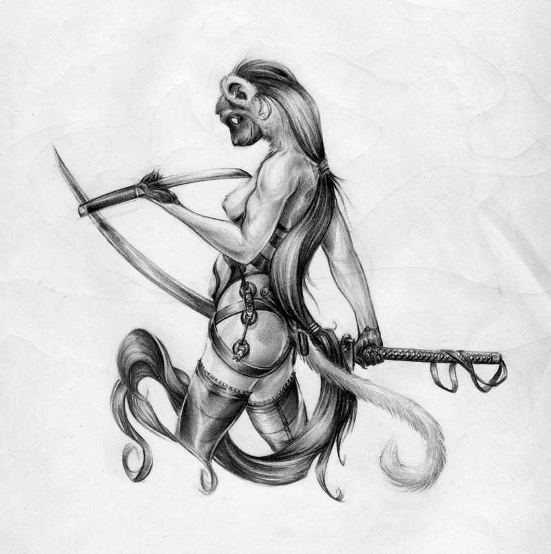 accessory breasts female garter grin hair kyt_lyn_tao long_hair melee_weapon nipples nude pose side_boob smile solo straps sword tail wakizashi weapon lupinator lemur mammal primate sifaka strepsirrhine verreaux's_sifaka 2009 greyscale monochrome pinup