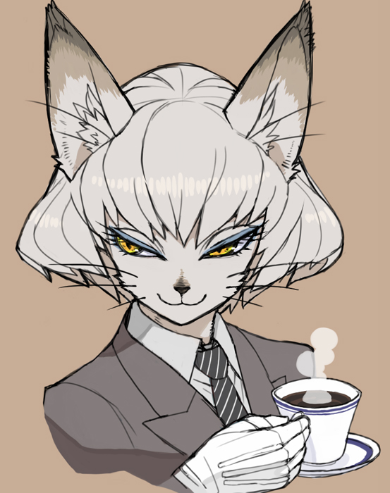 :3 anthro beverage business_suit clothing coffee container cup eyelashes eyeshadow female gloves hair handwear holding_container holding_cup holding_object inner_ear_fluff looking_away makeup necktie short_hair simple_background solo steam suit tuft whiskers yellow_eyes kemonon domestic_cat felid feline felis mammal 2012 digital_media_(artwork) monochrome portrait restricted_palette sepia