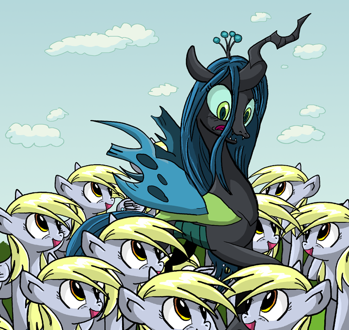 blonde_hair cloud fangs feathered_wings feathers female feral green_eyes grey_body grey_feathers group hair horn insect_wings long_hair outside sky teeth wings yellow_eyes xkappax friendship_is_magic hasbro my_little_pony mythology derpy_hooves_(mlp) queen_chrysalis_(mlp) arthropod changeling equid equine mammal mythological_creature mythological_equine pegasus