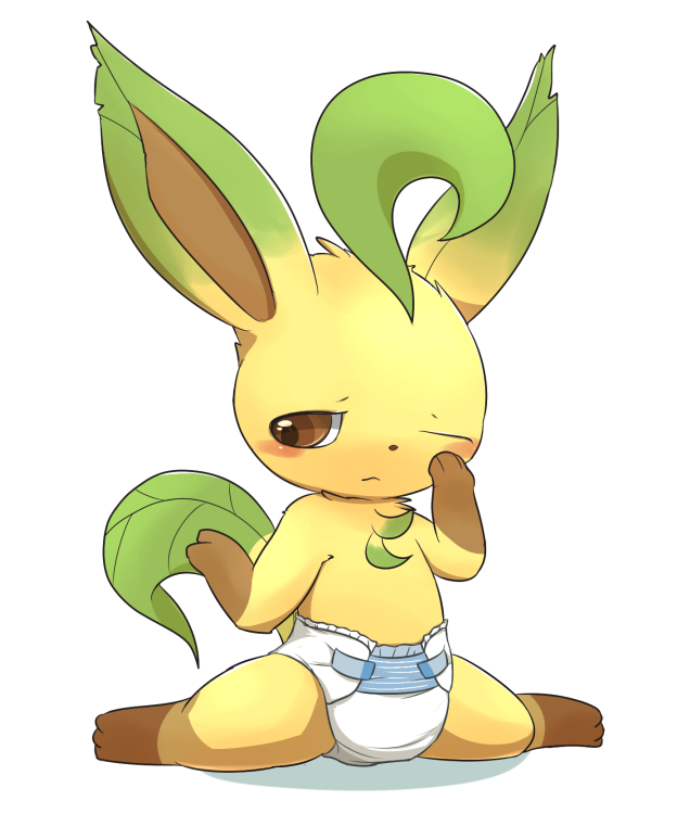 ambiguous_gender blush brown_eyes brown_paws clean_diaper clothed clothing diaper diaper_only feral fur kneeling looking_down one_eye_closed plant simple_background solo tan_body tan_fur topless wearing_diaper mei_(artist) nintendo pokemon eeveelution generation_4_pokemon leafeon pokemon_(species) 2015