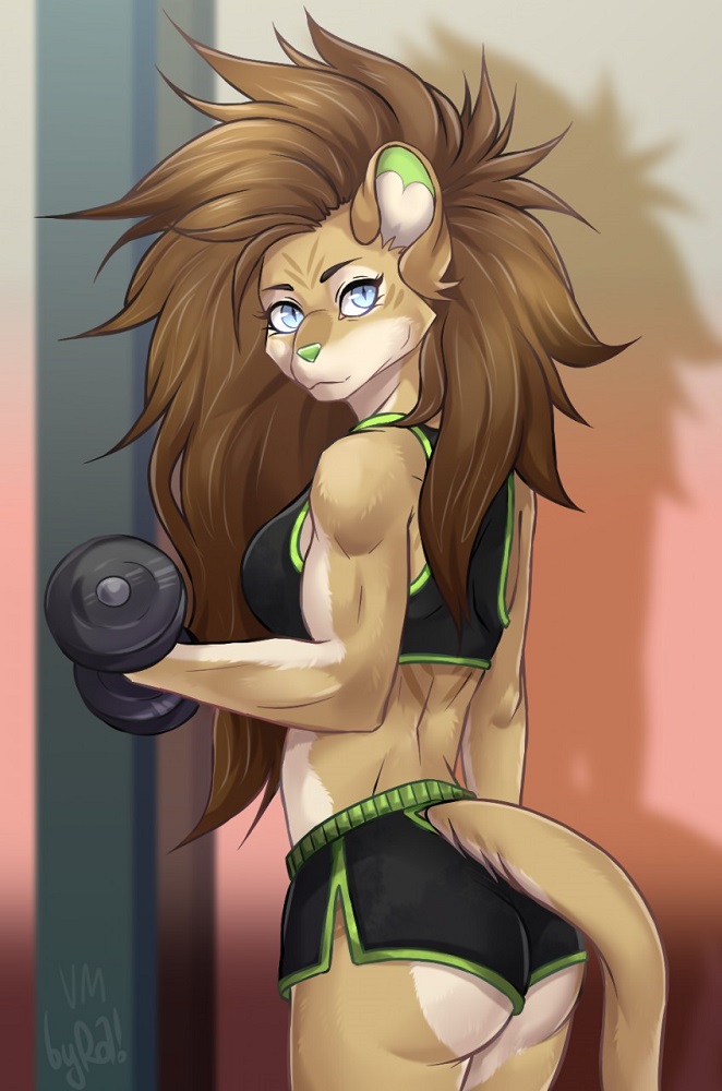 anthro athletic athletic_anthro athletic_female bicep_curl biceps blue_eyes bottomwear brown_hair bubble_butt butt clothing crop_top dolphin_shorts dumbbell exercise female fur green_nose hair long_hair looking_aside looking_at_viewer multicolored_body multicolored_fur shirt shorts side_view solo tan_body tan_fur topwear weights rainter13 felid lion mammal pantherine portrait three-quarter_portrait