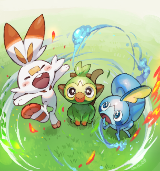 ambiguous_gender blue_body feral fire grass group open_mouth open_smile plant smile starter_trio tail trio water mullmull nintendo pokemon generation_8_pokemon grookey lagomorph mammal pokemon_(species) primate scorbunny sobble