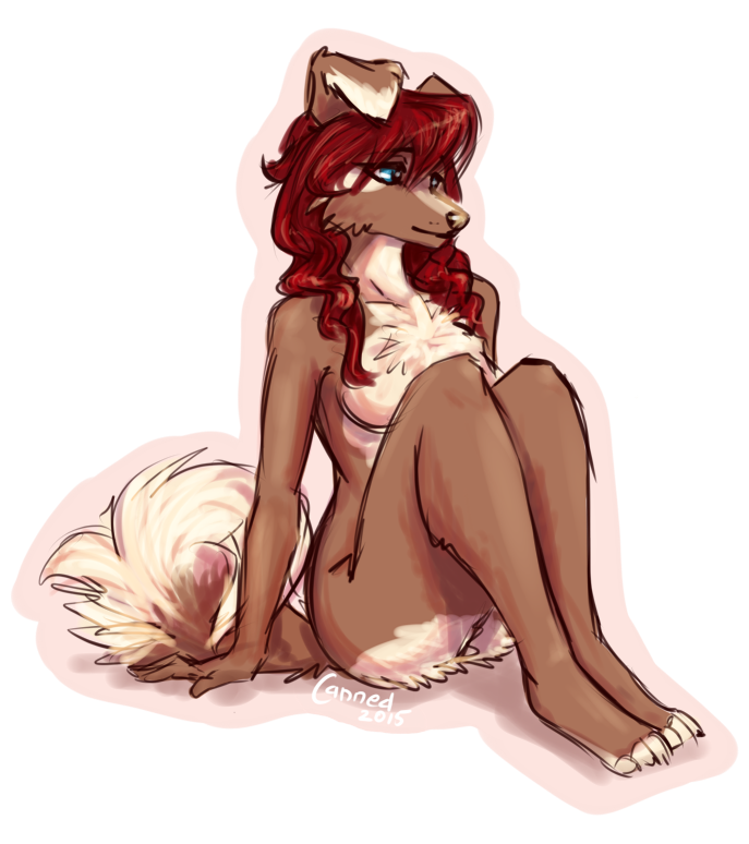 anthro biped blue_eyes breasts chest_tuft featureless_breasts female fur hair nude pose red_hair sitting solo tan_body tan_fur tuft canned_(artist) cocosova_(character) canid canine canis domestic_dog mammal 2015 alpha_channel pinup