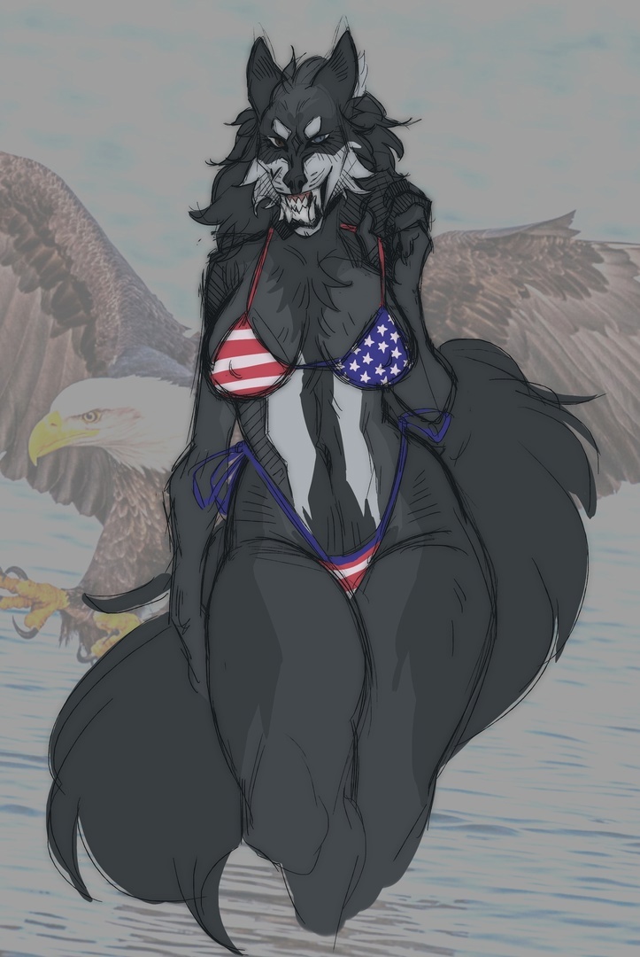 abs american_flag_bikini american_flag_underwear anthro athletic athletic_anthro athletic_female big_breasts big_butt big_ears big_tail bikini breasts butt chest_tuft claws clothing crossgender erect_nipples eyebrows fangs female flag_bikini fluffy fluffy_tail grin heterochromia markings nipples nipples_visible_through_clothing smile solo swimwear tail teeth thick_eyebrows thick_thighs tuft two-piece_swimsuit whisker_markings whisker_spots whiskers doomchik mythology balbes_(yabalbes) canid canine mammal mythological_canine mythological_creature werecanid werecanine werecreature werewolf colored_sketch guide_lines sketch
