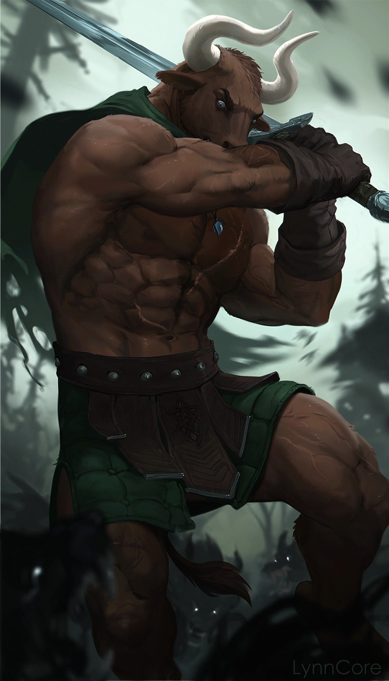 action_pose anthro big_muscles bottomwear brown_body brown_fur cape clothed clothing fur gloves handwear holding_melee_weapon holding_object holding_sword holding_weapon horn jewelry male melee_weapon muscular muscular_anthro muscular_male necklace partially_clothed pose scar shirtless solo sword tail tail_tuft tuft warriors weapon lynncore european_mythology greek_mythology mythology bovid bovine mammal minotaur 2023 4:7 hi_res