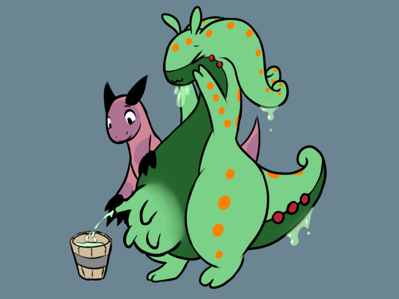 bodily_fluids breast_milking bucket container duo female feral lactating simple_background tail teats udder_milking udders unusual_bodily_fluids unusual_lactation wrong_udders slinkoboy nintendo pokemon gamta generation_6_pokemon goodra pokemon_(species) slissa 4:3