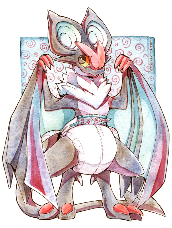 ambiguous_gender big_ears black_body black_eyes black_fur claws clean_diaper clothed clothing diaper diaper_only feet feral fur looking_at_viewer smile solo standing topless wearing_diaper white_diaper wings craymin nintendo pokemon generation_6_pokemon noivern pokemon_(species)