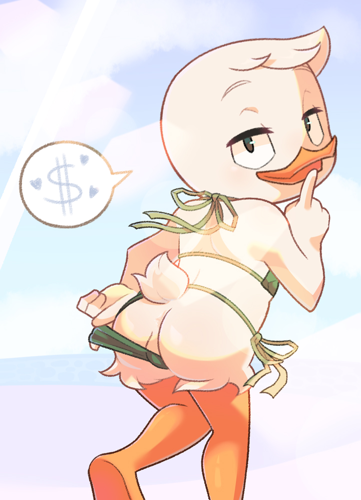 anthro anus beak bikini bikini_aside bikini_bottom bikini_thong bikini_top bulge bulge_from_behind butt clothed clothing clothing_aside crossdressing male prostitution solo string_bikini swimwear swimwear_aside two-piece_swimsuit young young_anthro threek disney ducktales ducktales_(2017) louie_duck anatid anseriform avian bird duck