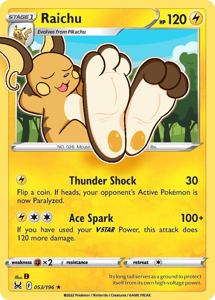 3_toes ambiguous_gender biped card_edit curling_toes feet foot_fetish foot_focus open_mouth paws pokemon_card smile soles solo tcg_card text toes trading_card trading_card_game b_bun300 nintendo pokemon generation_1_pokemon mammal pokemon_(species) raichu rodent english_text