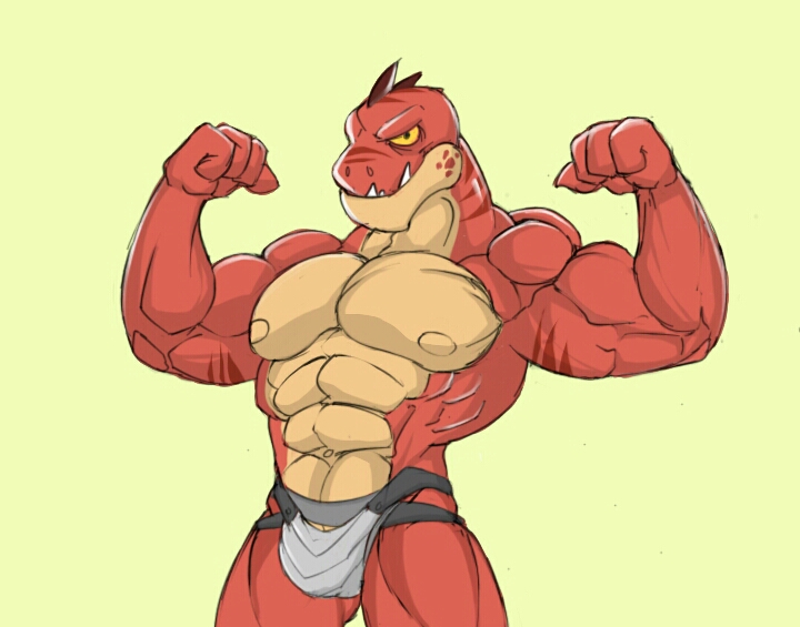 abs anthro biceps bulge clothing flexing looking_at_viewer male mostly_nude muscular muscular_anthro muscular_male navel nipples non-mammal_nipples pecs sharp_teeth simple_background solo standing stripes teeth underwear dagantfus_(artist) disney pixar toy_story reptillus_maximus dinosaur prehistoric_species reptile scalie digital_media_(artwork)