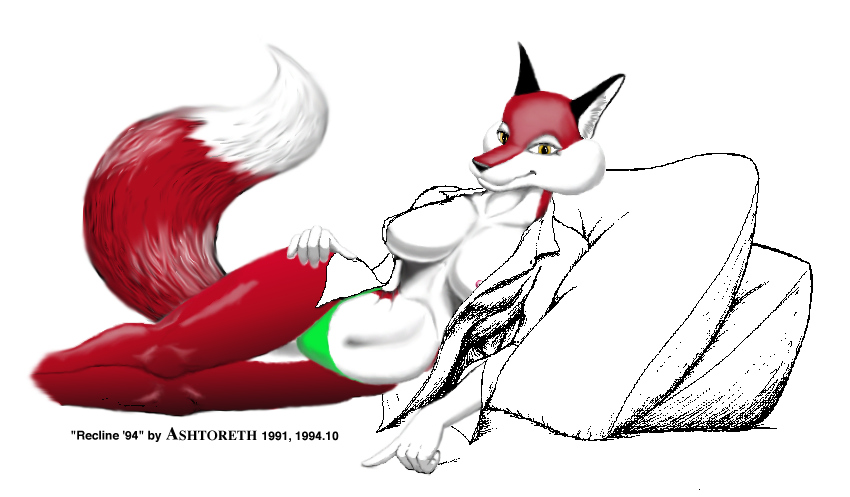 anthro big_breasts breasts clothed clothing female fur looking_at_viewer nipples solo tail text ashtoreth canid canine fox mammal 1994 digital_media_(artwork) english_text