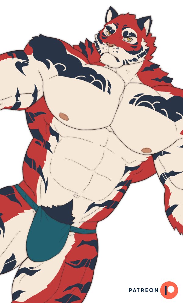 abs anthro asian_clothing clothing east_asian_clothing fundoshi fur japanese_clothing male muscular muscular_anthro muscular_male nipples pecs pubes red_body red_fur solo striped_body striped_fur stripes underwear kusunagi crave_saga yata_no_kagami_(crave_saga) felid mammal pantherine tiger