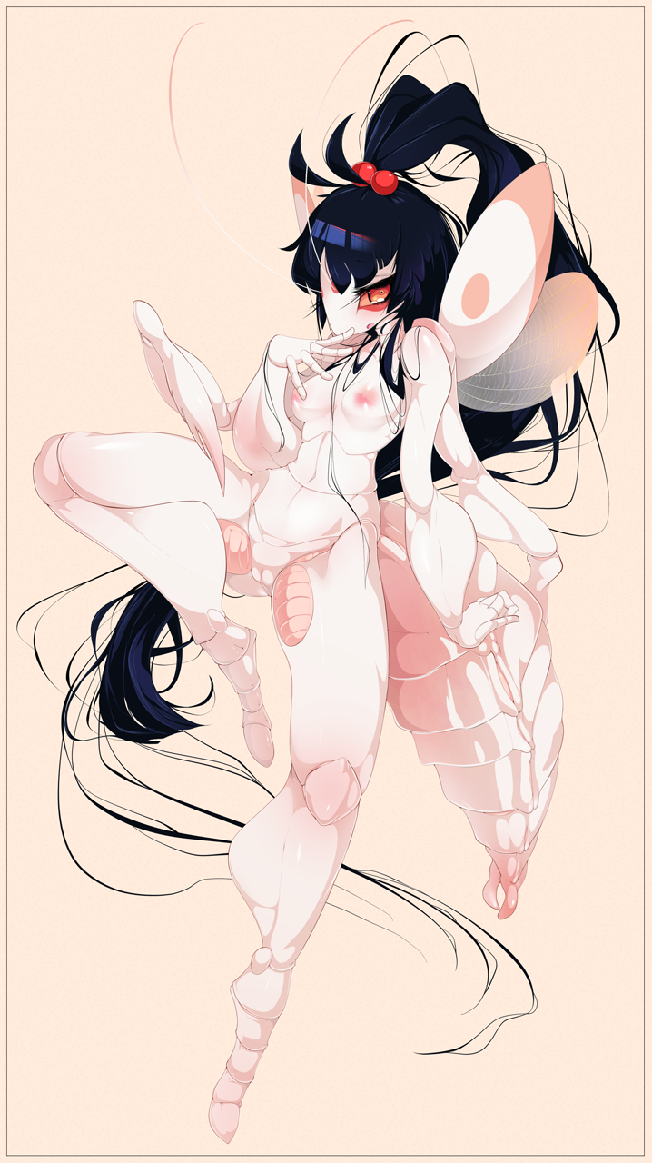 anthro black_hair breasts female genitals hair heart_symbol nipples non-mammal_breasts nude pussy solo slugbox nae arthropod flower_mantis insect mantis orchid_mantis 2014 hi_res