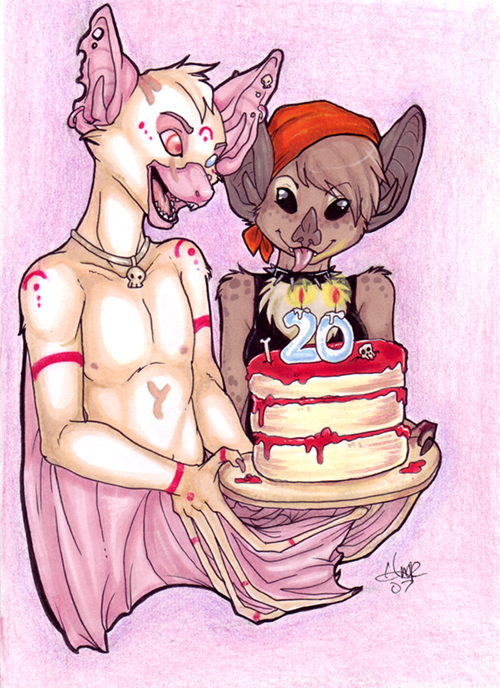 albino anthro birthday black_eyes blue_eyes bone brown_body brown_fur brown_hair cake clothed clothing collar dessert duo female food fur glamfur hair headgear headkerchief headwear heterochromia kerchief male markings membrane_(anatomy) membranous_wings open_mouth pink_eyes red_headkerchief red_kerchief red_markings simple_background skull spiked_collar spikes spots tan_body tan_fur tongue tongue_out wings zeriara bat leaf-nosed_bat mammal microbat yangochiropteran 2007