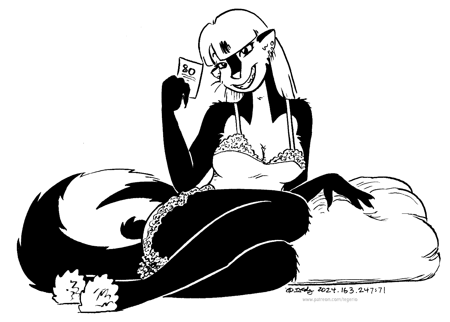 anthro breasts cleavage clothed clothing ear_piercing ear_ring female fur grin hair piercing pillow ring_piercing smile solo tail underwear whiskers tegerio zandar's_saga kelly_o'dor mammal mephitid skunk 2024 monochrome