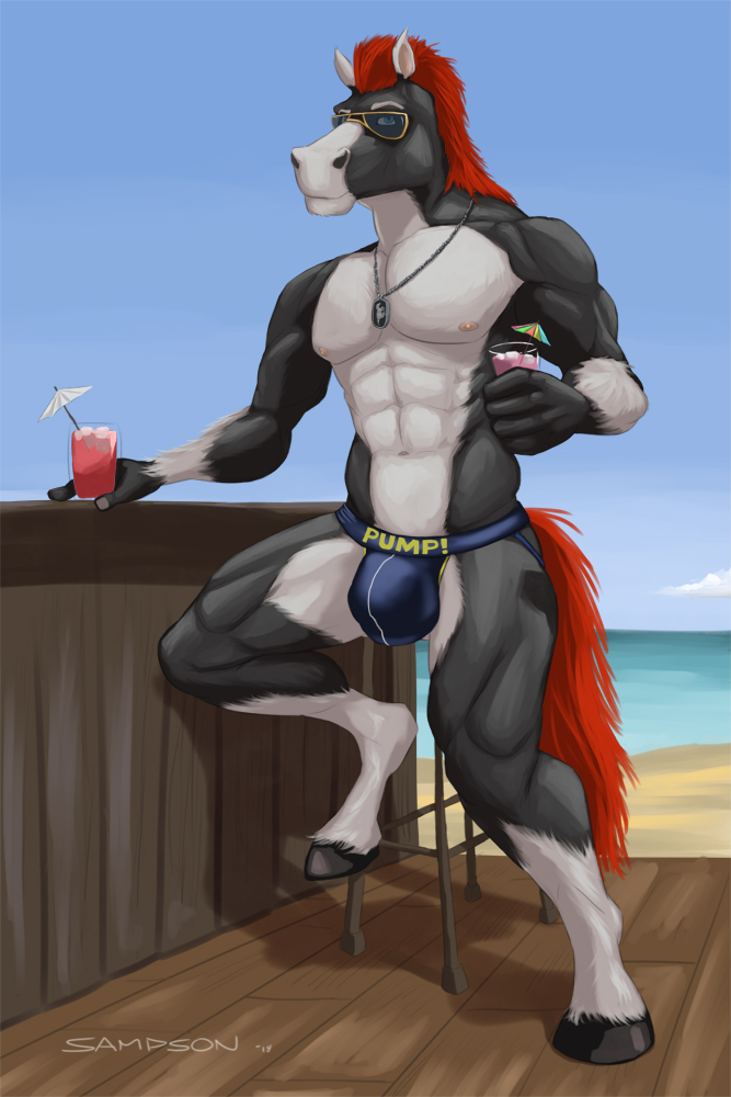 abs alcohol anthro beach beverage biceps black_body black_fur black_hooves blue_clothing blue_sky blue_underwear bulge clothing cocktail container cup day detailed_background dog_tags eyebrows eyewear front_view fur furniture glass hair holding_container holding_cup holding_object hooves jockstrap looking_at_viewer male multicolored_body multicolored_fur muscular muscular_anthro muscular_male nipples outside pecs pink_nipples red_hair red_tail sand sea seaside sitting sky solo stool sunglasses tail two_tone_body two_tone_fur underwear water white_body white_eyebrows white_fur sampsonwoof jodira equid equine horse mammal 2018 digital_media_(artwork) signature