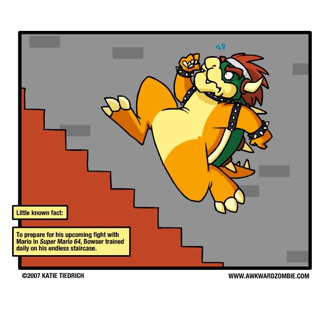 accessory anthro anthrofied barefoot belly biped bodily_fluids bracelet claws clothing exercise feet hair headband hindpaw horn humor jewelry male paws running shell solo spikes stairs sweat tail teeth text the_truth toes workout katie_tiedrich awkwardzombie mario_bros nintendo bowser koopa reptile scalie 2007 comic english_text url