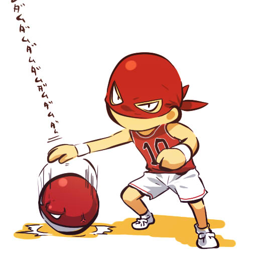 basketball basketball_uniform bottomwear clothed clothing cosplay cross-popping_vein duo footwear headgear headkerchief headwear jersey kerchief male mask motion_lines not_furry red_headkerchief red_kerchief shirt shoes shorts simple_background sleeveless_shirt sportswear standing tan_body tan_skin text toony topwear uniform vein white_background hitec nintendo pokemon pokemon_trainer generation_1_pokemon human mammal pokemon_(species) sphere_creature voltorb 1:1 japanese_text translated