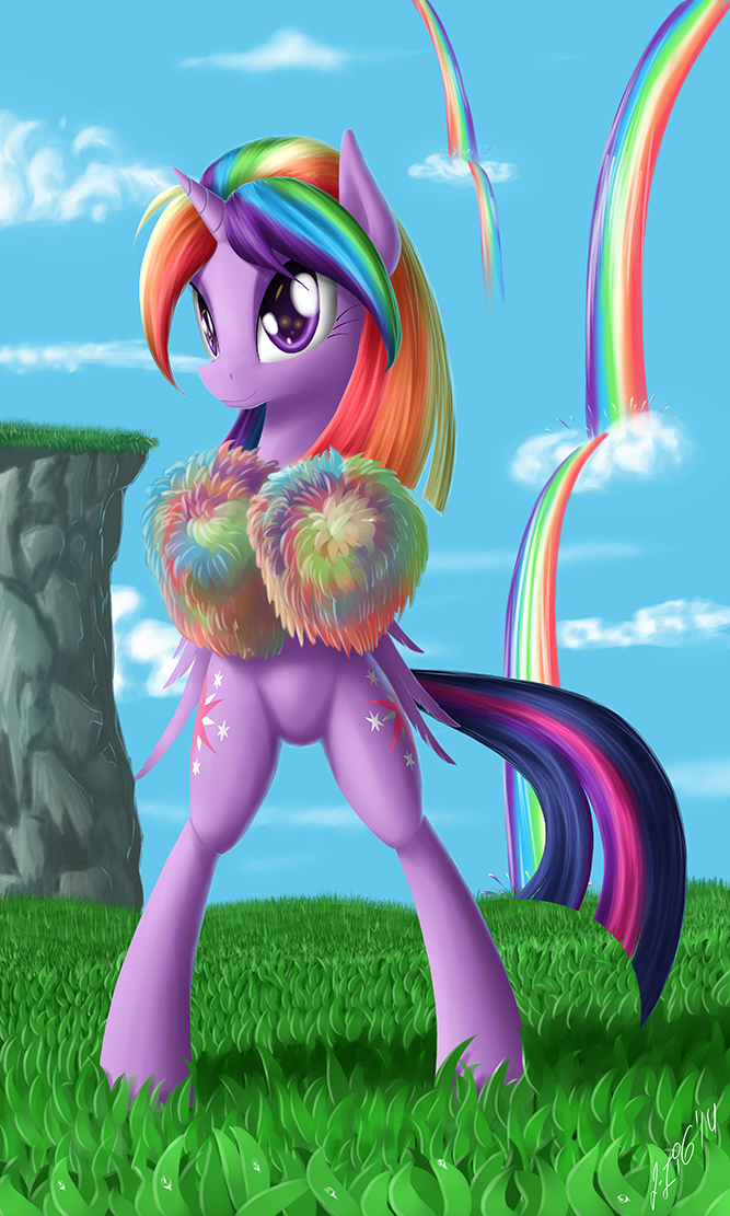 cheerleader cliff cloud cutie_mark feathered_wings feathers female feral fur grass hair horn looking_at_viewer multicolored_hair outside plant purple_body purple_eyes purple_feathers purple_fur rainbow rainbow_hair sky smile solo wings zigword friendship_is_magic hasbro my_little_pony mythology twilight_sparkle_(mlp) equid equine mammal mythological_creature mythological_equine winged_unicorn 2014