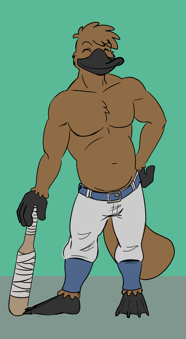 baseball_bat baseball_uniform bat_(object) clothed clothing feet leaning male membrane_(anatomy) musclegut muscular muscular_male simple_background solo sportswear toes topless uniform webbed_feet mapdark mammal monotreme platypus