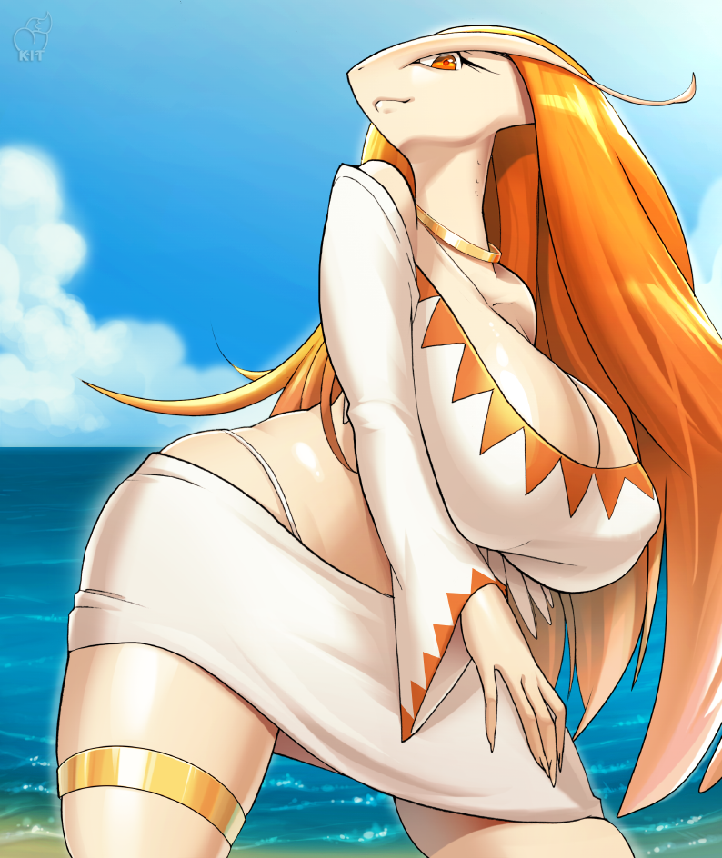 anthro anthrofied beach big_breasts bottomwear breasts cleavage clothed clothing curvy_figure day female fingers hair hand_on_leg hand_on_thigh huge_breasts long_hair looking_at_viewer midriff miniskirt nipple_outline orange_eyes orange_hair outside pokemorph seaside skimpy skirt solo standing thick_thighs voluptuous water kittellox_(artist) nintendo pokemon miroo_erhus generation_3_pokemon milotic pokemon_(species) portrait three-quarter_portrait